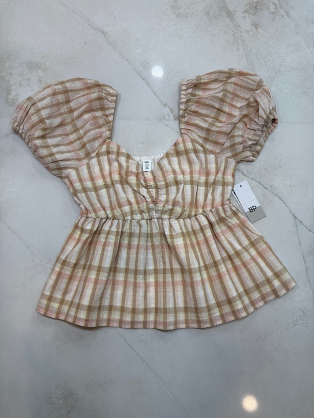 bp Plaid Puff Sleeve Peplum Top in Beige, Pink and Cream